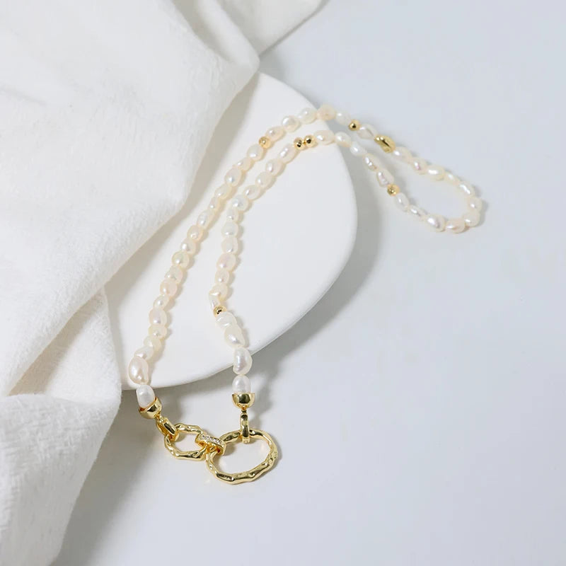 Natural Freshwater Pearl Gold Ring Buckle Necklace Korean Women's Luxury Jewelry Fashion Women's and Girls' Gifts GN0649
