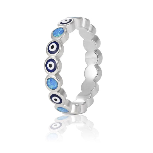 Mystical  Ring | Blue Iridescent Gem & Contrast Pattern Band | Bold Protective Jewelry for Daily & Party Style