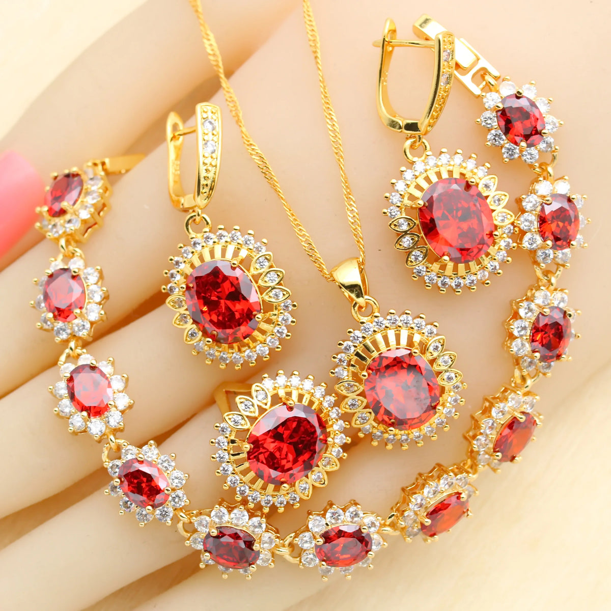 XOTICA 18K Gold Plated Alloy Emerald Jewelry Set for Women Wedding Engagement Anniversary Party Necklace Earrings Bracelet Ring Gift