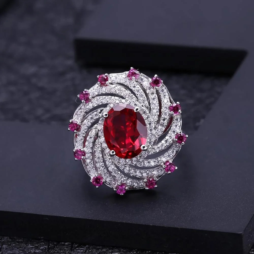 ArtistA Deluxe Unique Halo Design Iced Out 925 Silver Big Gemstone Synthetic Ruby Sunflower Cocktail Ring Pendant Earrings Jewelry Set