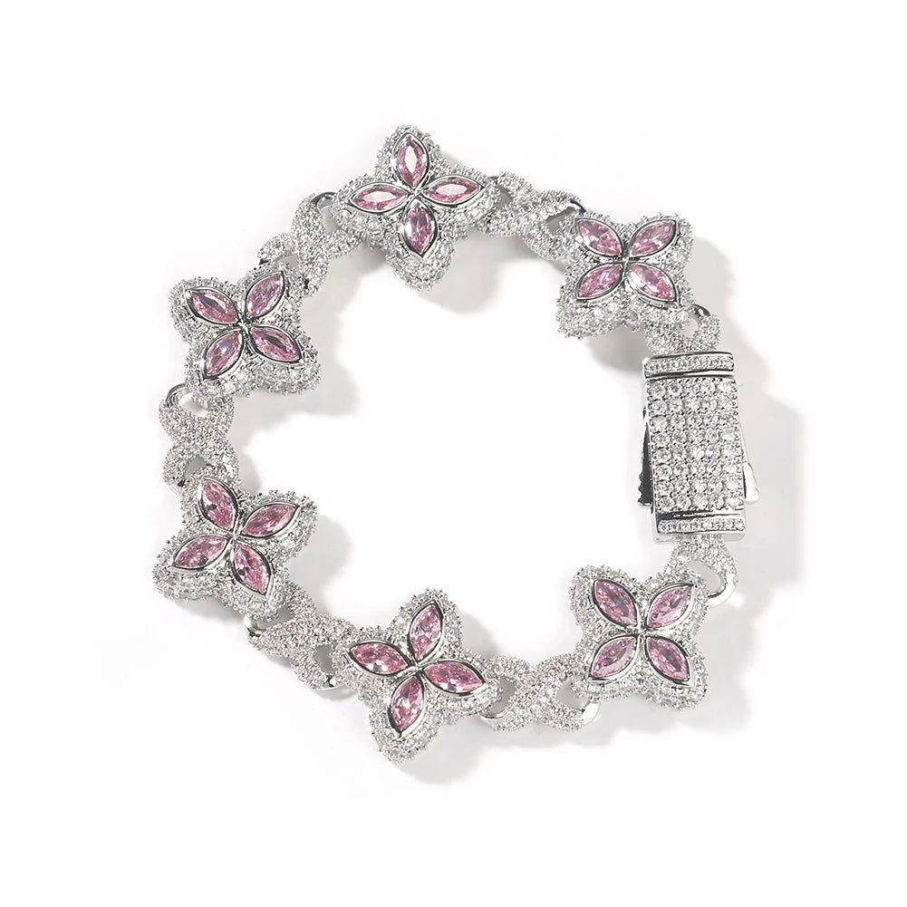 Fashion Hip Hop Jewelry 20mm Rose Gold Brass AAAAA CZ Colored Diamond Four Leaf Clover Infinity Link Bracelet