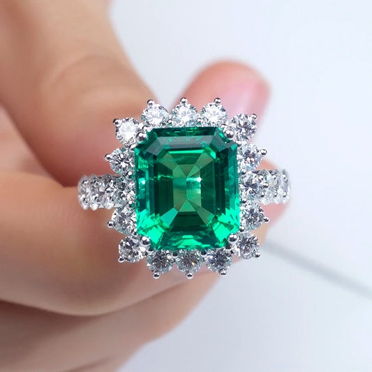 Gemfiori MSR-1510 18K White Gold Luxury Engagement Ring 11x13mm Emerald Cut Lab Emerald Stones Lab Grown Diamond Ring