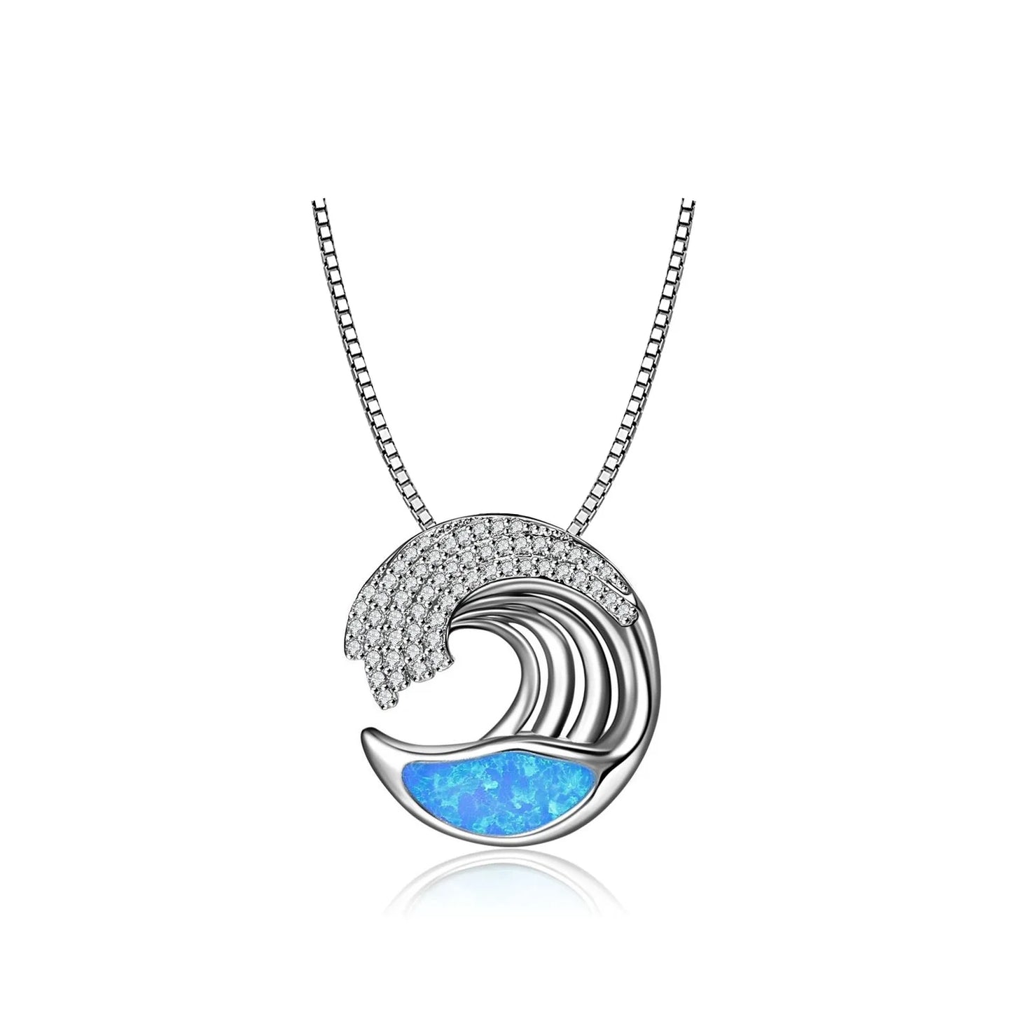 Aobao Trendy Christian Ins-style Hawaiian Blue Opal Wave Necklace Silver Plated Sweater Chain Pendant