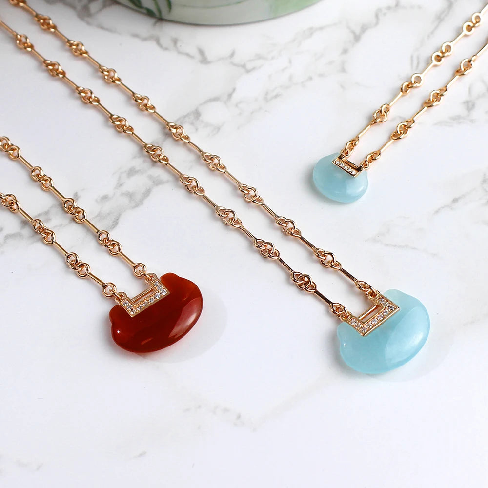 China Ruyi Lock Necklace Bracelet Women's Fashion Jewelry Retro Light Luxury Brass Material Red Agate Manufacturer Direct Sales