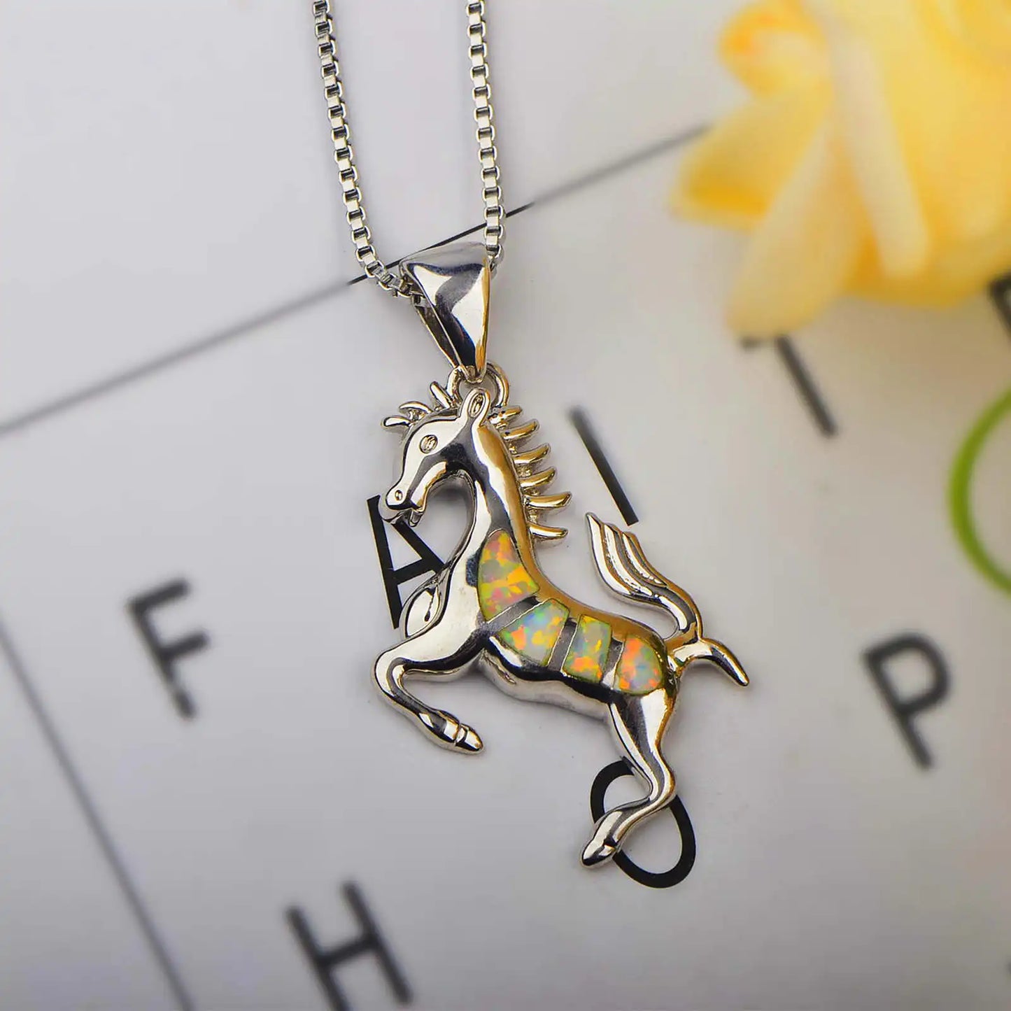 Delicate Western Horse Pendant-Copper Silver Plated White Opal Sweater Chain Link Chain Trendy for Women's Layering Look