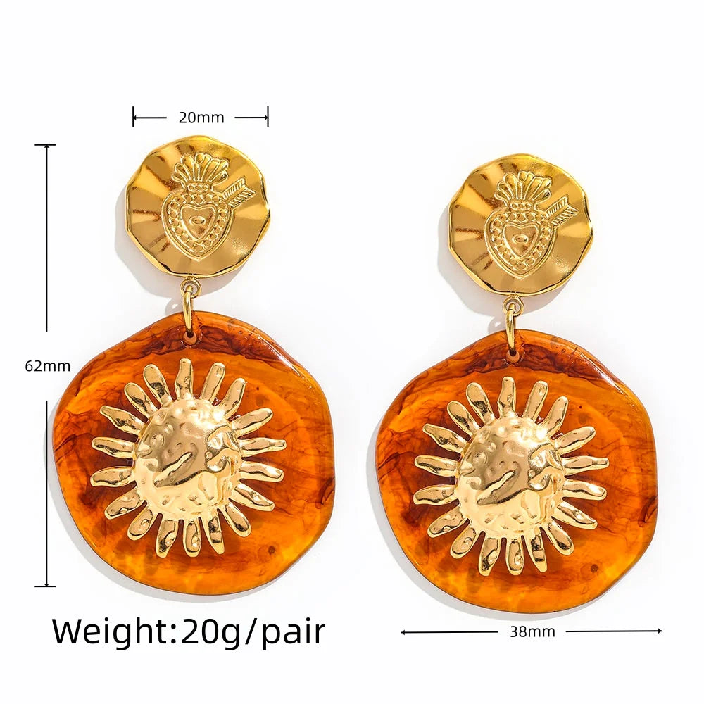 Joolim PVD Plated Wholesale Waterproof Fashion Boho Retro Chunky Daisy Acrylic Dangle Hoop Earring Stainless Steel Jewelry