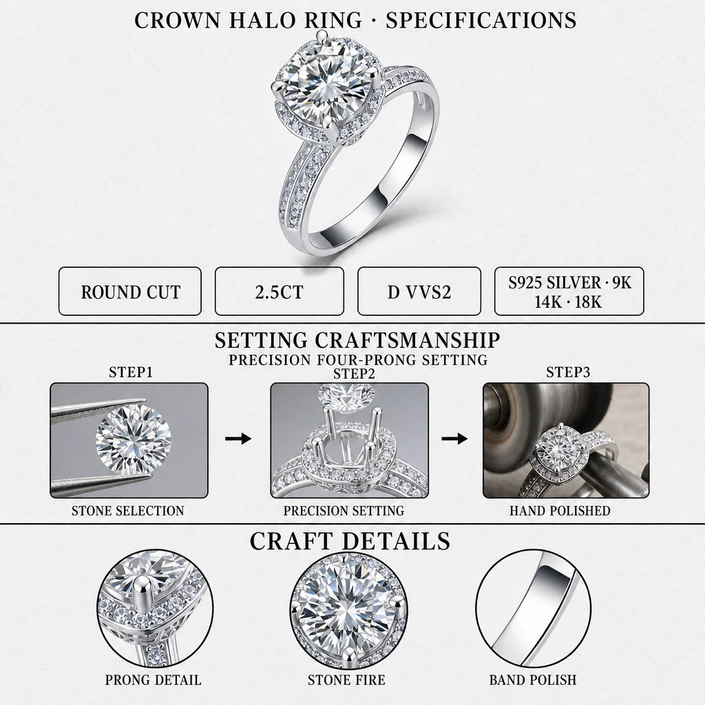 Gioiellieri Sparkly Round Halo Double Pave Shank Lab Grown Diamond Ring 2.5CT D VVS2 9K 10K 14K 18K Gold Women Daily Party Wear Jewelry