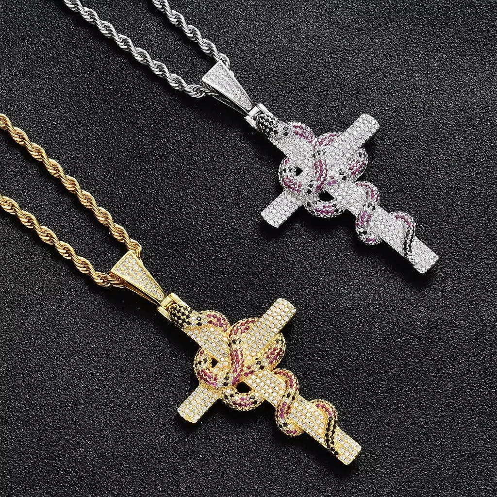 REBEL RQ Hip Hop Jewelry for Men Snake Cross 14K Gold Iced Out Cross Coral Snake Gemstone Shiny Iced Out Cross Pendant
