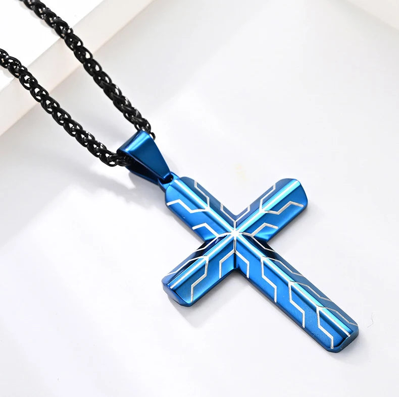 REBEL Black and Blue Texture Stainless Steel Cross Necklace for Men
