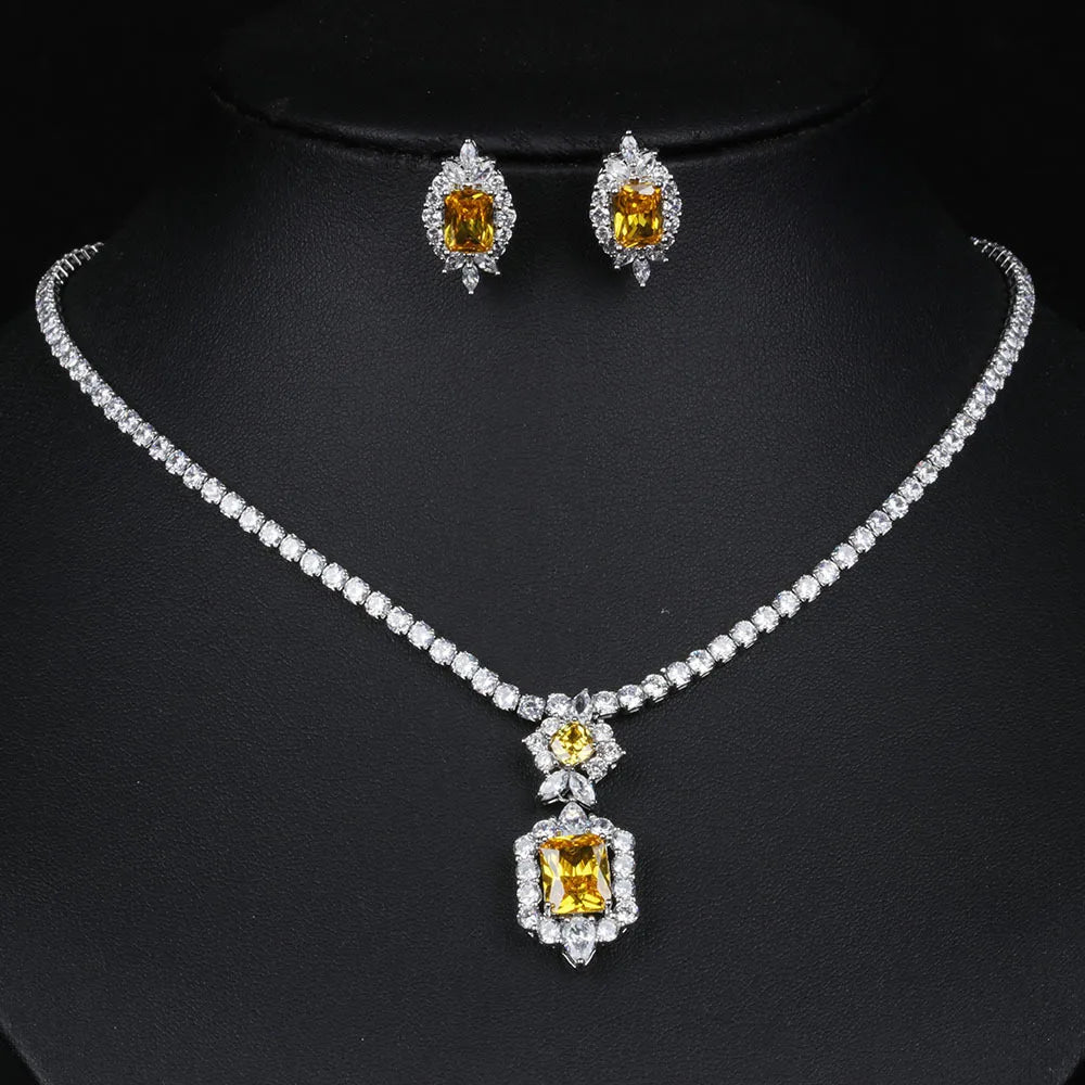 XOTICA High Quality Luxury CZ Pendant Necklace Earring Set Ladies Sparkling Zircon Tennis Chain Stud Earring Wedding Engagement Jewelry