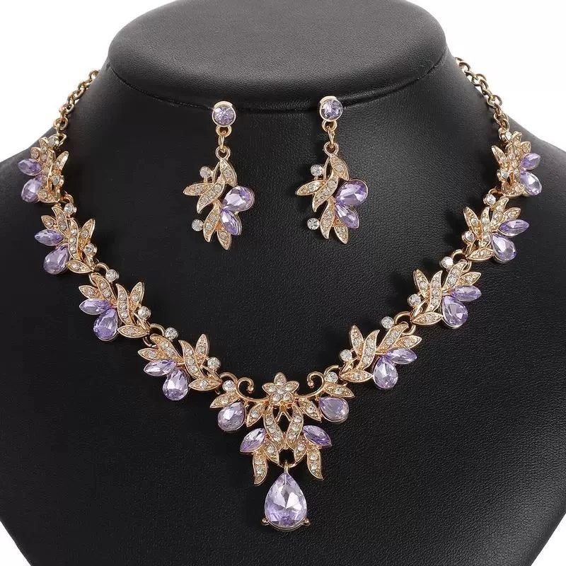 XM S391 Gold Plated Marquise Zircon Rhinestone Floral Necklace & Earrings Bridal Set
