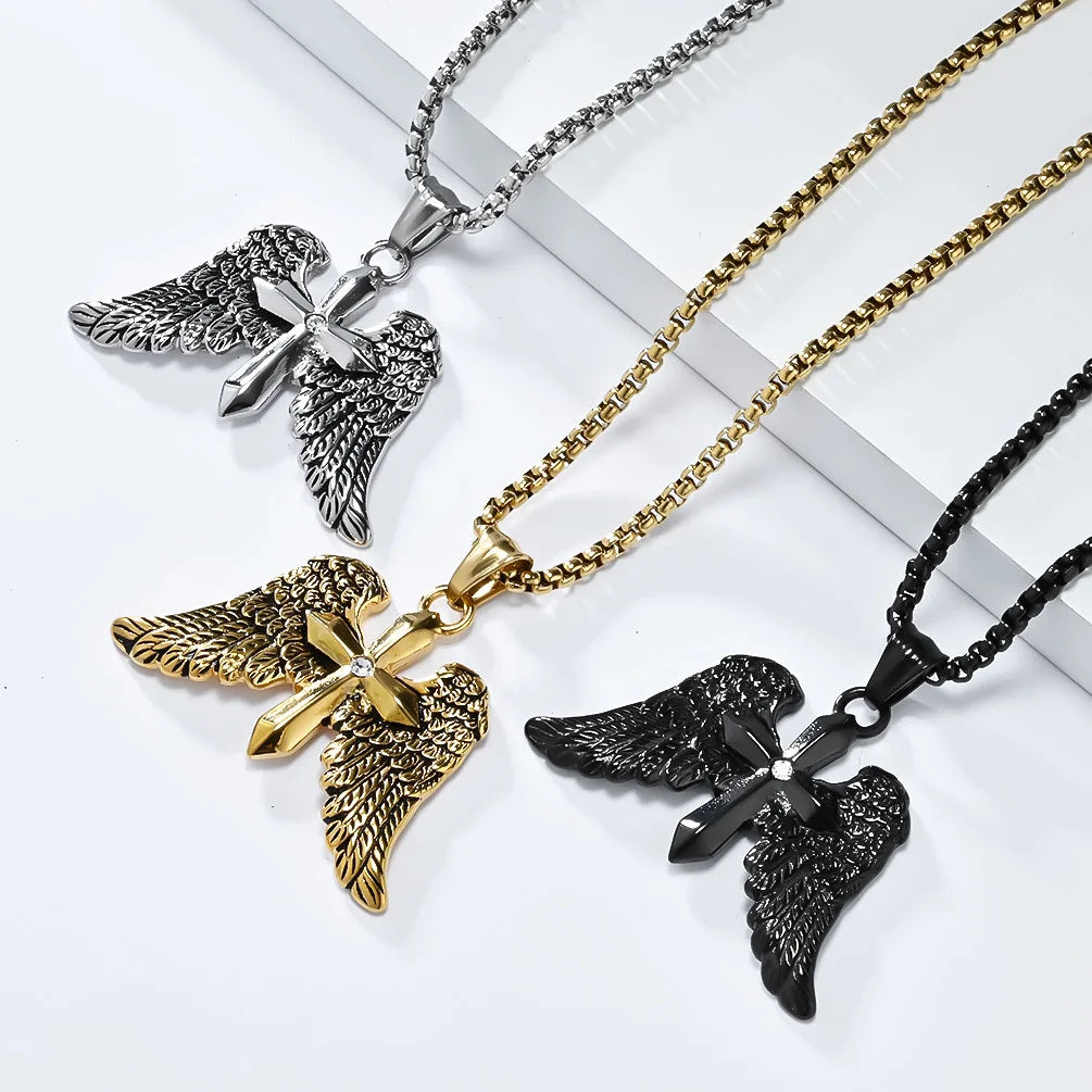 S&S Novirassine Black Gun Plated Stainless Steel Angel Wing Cross Pendant Necklace Vintage Link Hypoallergenic Unisex Party Jewelry