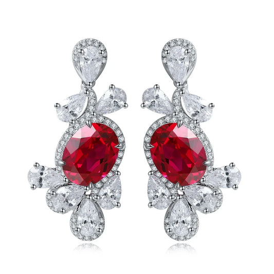 Gemfiori Vintage 925 Sterling Silver Drop Earrings Rhodium Plated Lab Grown Ruby Earring for Women Wedding Party Gift for Her