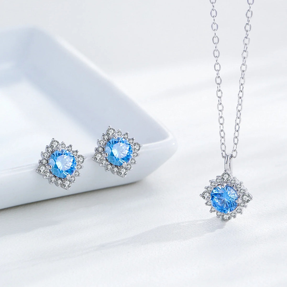S&S 925 Silver Aquamarine Blue Zircon Necklace & Earrings Set | Sunflower Design | Rhodium-Plated