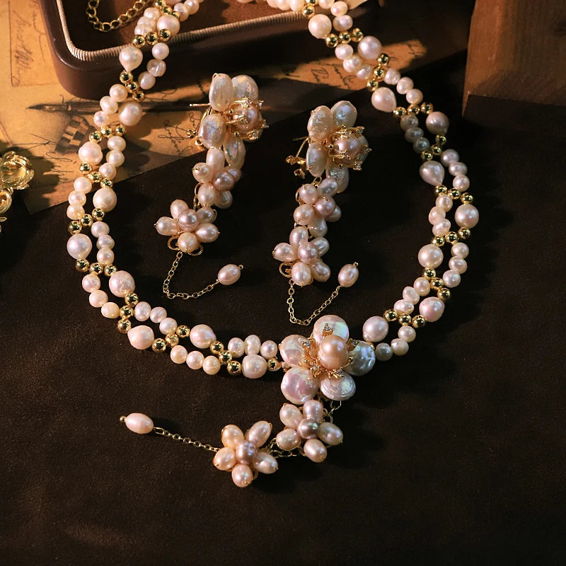 Natural Pearl Flower Necklace and Earrings Set Luxurious Design High-Quality Set for Banquet Wedding Women's Jewelry GS0227