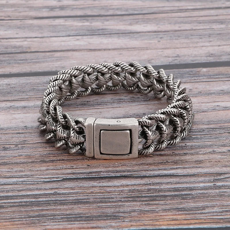 KALEN Men Vintage Matte/Polished 220mm Stainless Steel Striped Links Bracelet