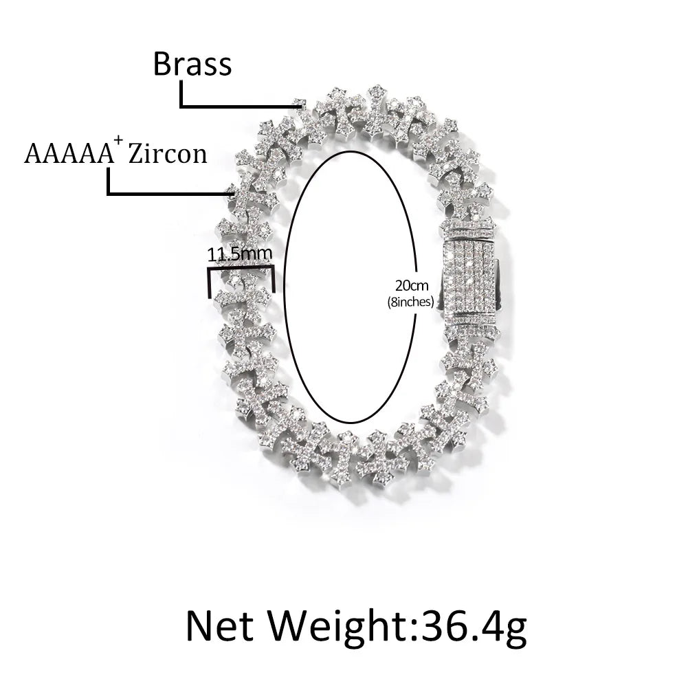 REBEL VIKING Micro Paved Zircon Cross Chain Bracelet – Gold & Silver Hip Hop