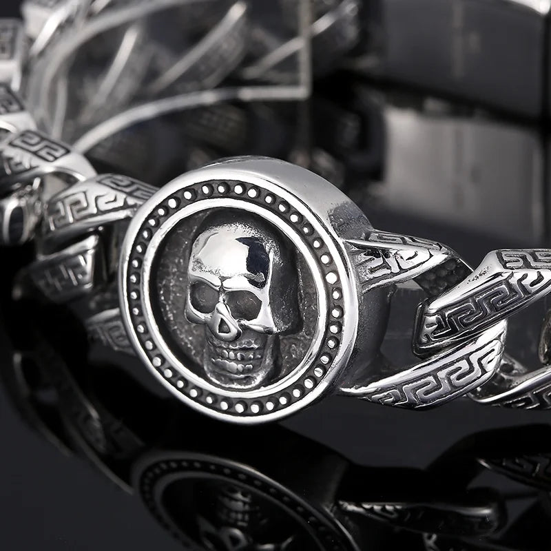 VIKING Mens Punk Skull Pattern Link Bracelet – Silver Stainless Steel