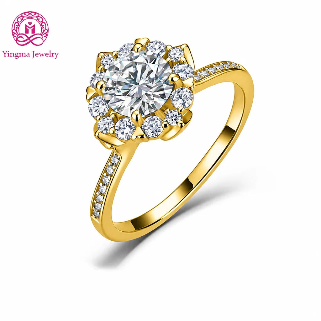 Gioiellieri Floral Petal Halo Round Lab Grown Diamond Ring 1.5Carat D VVS1 Half Pave Shoulders 9K 10K 14K 18K Gold Premium Gift Jewelry