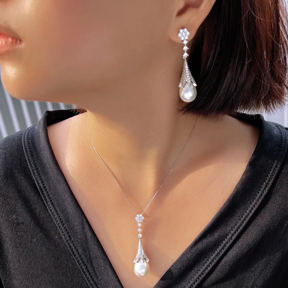 Exquisite Shiny Cubic Zircon Simulated Pearl Pendant Necklace and Earrings Bridal Wedding Party Pearls Jewelry Set for Women