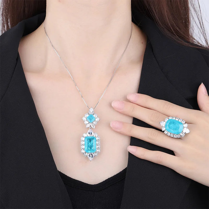 Gemfiori Light Luxury Niche High-end Jewelry Ice Flower Crack Blue Zirconium Pendant Ring Set Creative and Personalized Design
