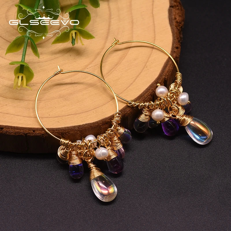 Natural Fresh Water Pearl Hoop Earrings for Women 925 Sterling Silver Colorful Tassel Drop Earrings