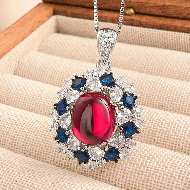 Eco-friendly Copper Vintage Jewelry Set Pigeon Blood Red Cubic Zirconia Iced Out Oval Cut Earrings Necklace for Women Party Gift