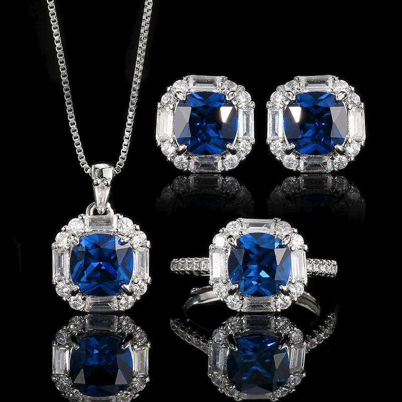 Gemfiori Light Luxury square Sea Blue Zircon Color Treasure Set Pendant Earring Ring Fashionable Temperament Set