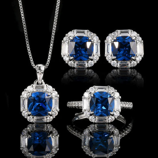 Gemfiori Light Luxury square Sea Blue Zircon Color Treasure Set Pendant Earring Ring Fashionable Temperament Set