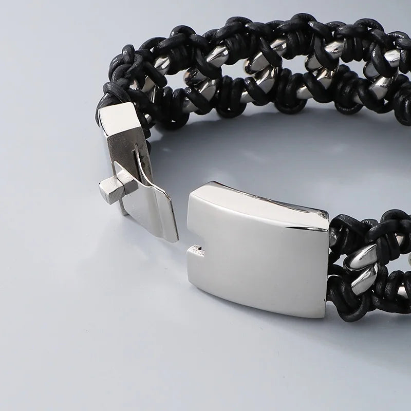 KALEN Punk Fine Jewelry Fashion Bracelets Men Stainless Steel Micro Fiber Leather Skull Links Bracelet Bangle