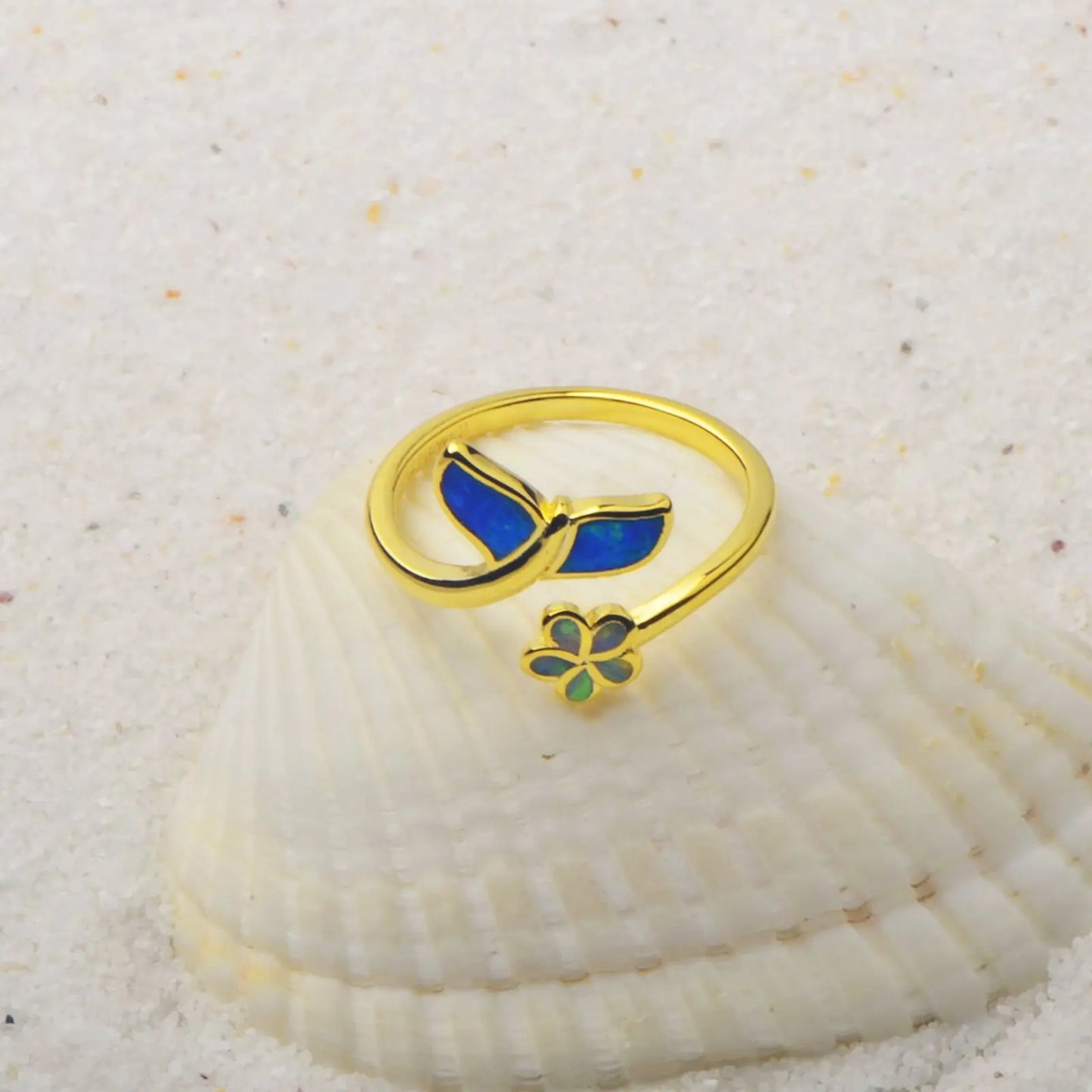 Mermaid Tail  Flower Opal Open Ring  Gem Gold-Plated Band  Enchanting Ocean-Themed Jewelry for Women Trendy Style