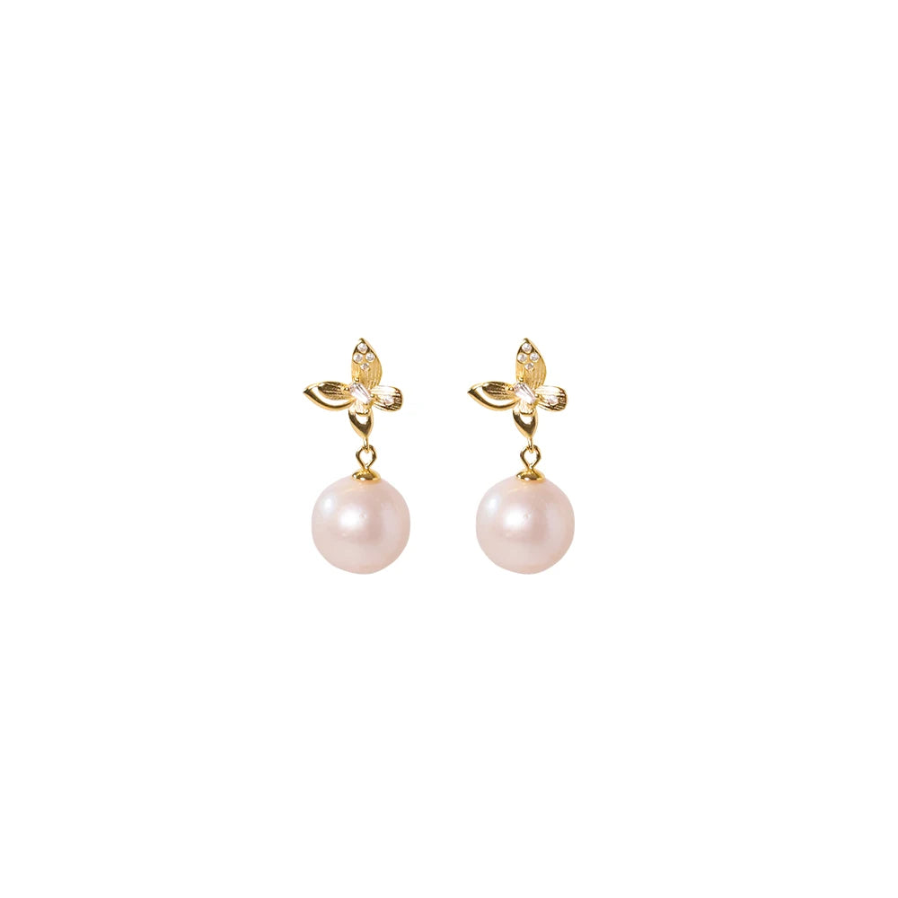 Natural Round Pearl 925 Silver Inlaid with Zircon butterfly Earrings for Women Korean Classic Vintage Fashion Jewelry Earrings