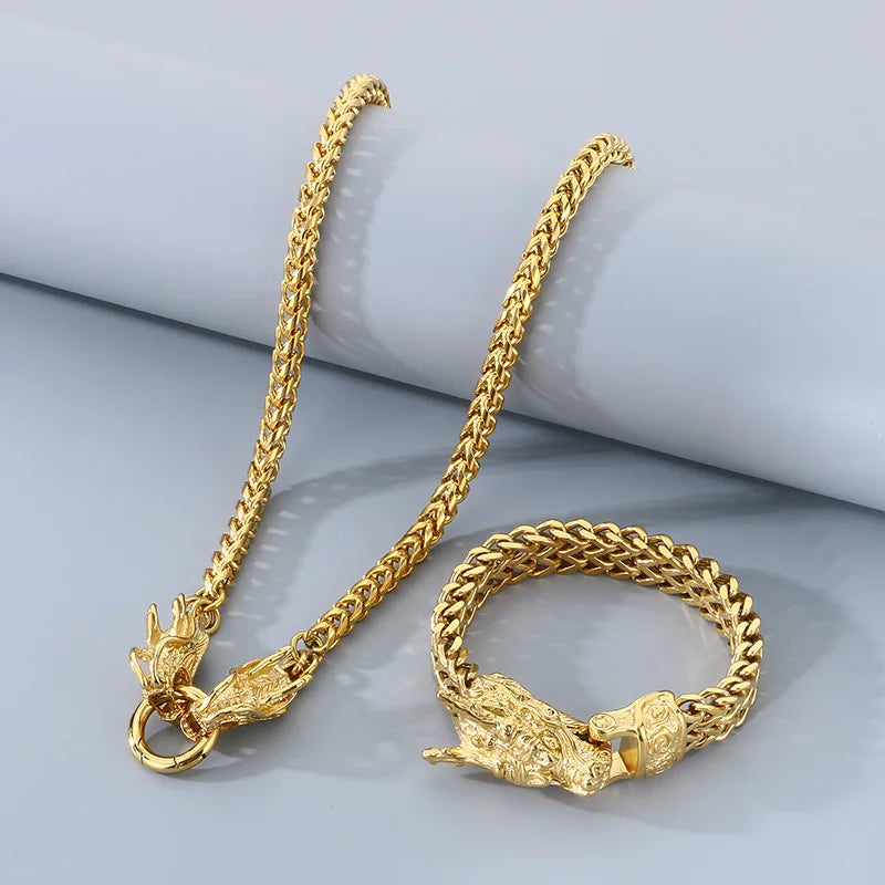 REBEL Punk Fashion Stainless Steel Bracelet Dragon Head Chain Men Bracelet Necklace