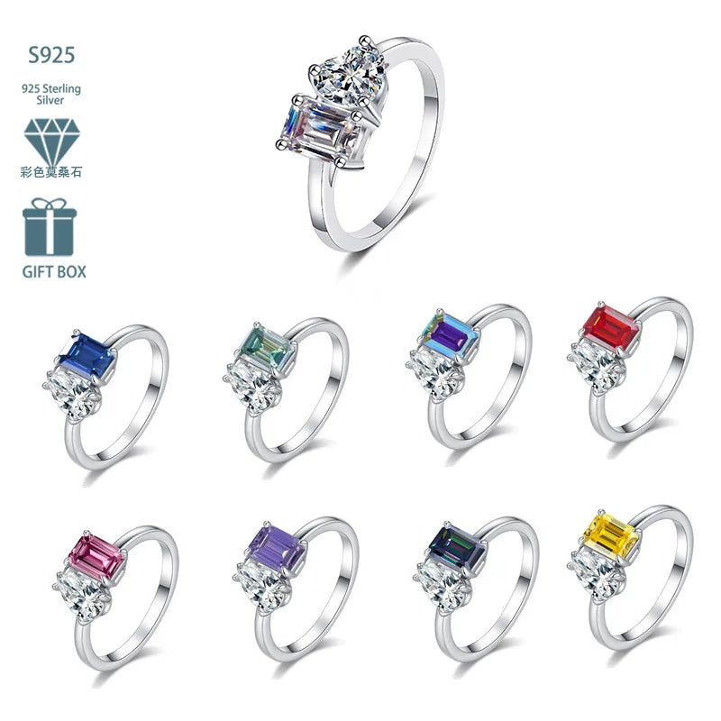 ArtistA Fancy Cut Full Moissanite Jewelry S925 Silver PT950 Platinum Plated Emerald & Pear Cut Two Diamonds VVS GRA Moissanite Rings