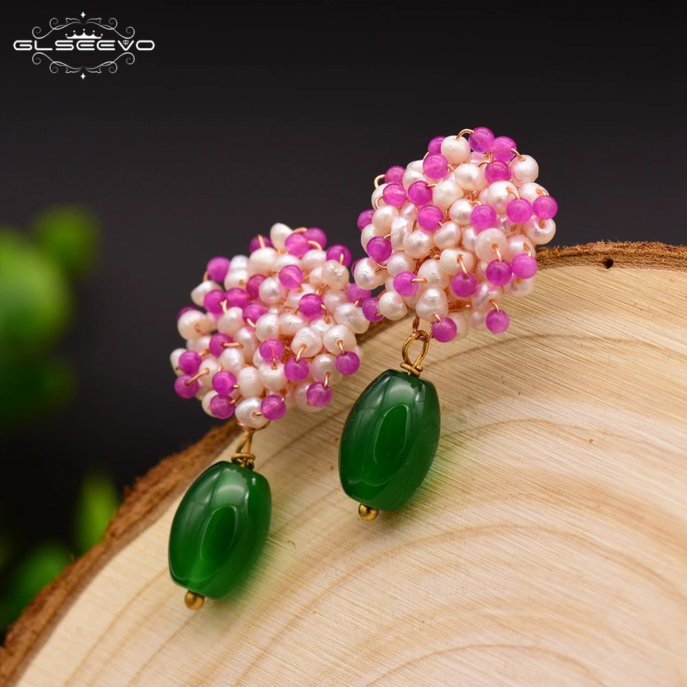 Natural Freshwater Pearl Green Agate Drop Earrings for Women White Pink Beads 925 Sterling Silver Flower Earrings Jewelry