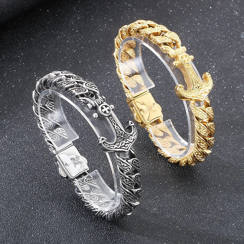 KALEN Gothic Fine Jewelry Fashion Bracelets Men Stainless Steel Anchor Charm Cuban Links Bracelet Bangle