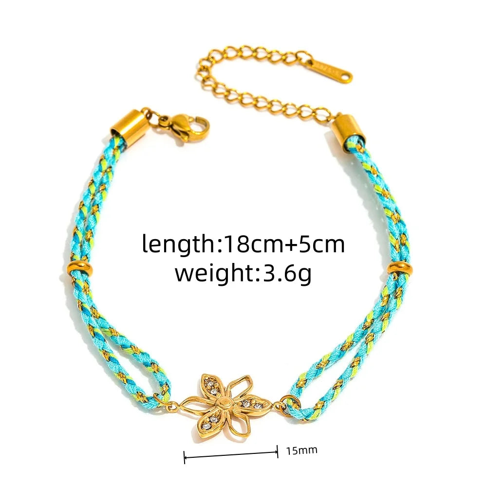 Joolim High End Gold Plated Waterproof Boho Woven Rope Sunburst Zirconia Pendant Stainless Steel Bracelet Wholesale Jewelry