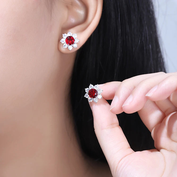 Gemfiori ANSTER Fashion Fine Jewelry 925 Sterling Silver Red Corundum Stone Flower Stud Earrings