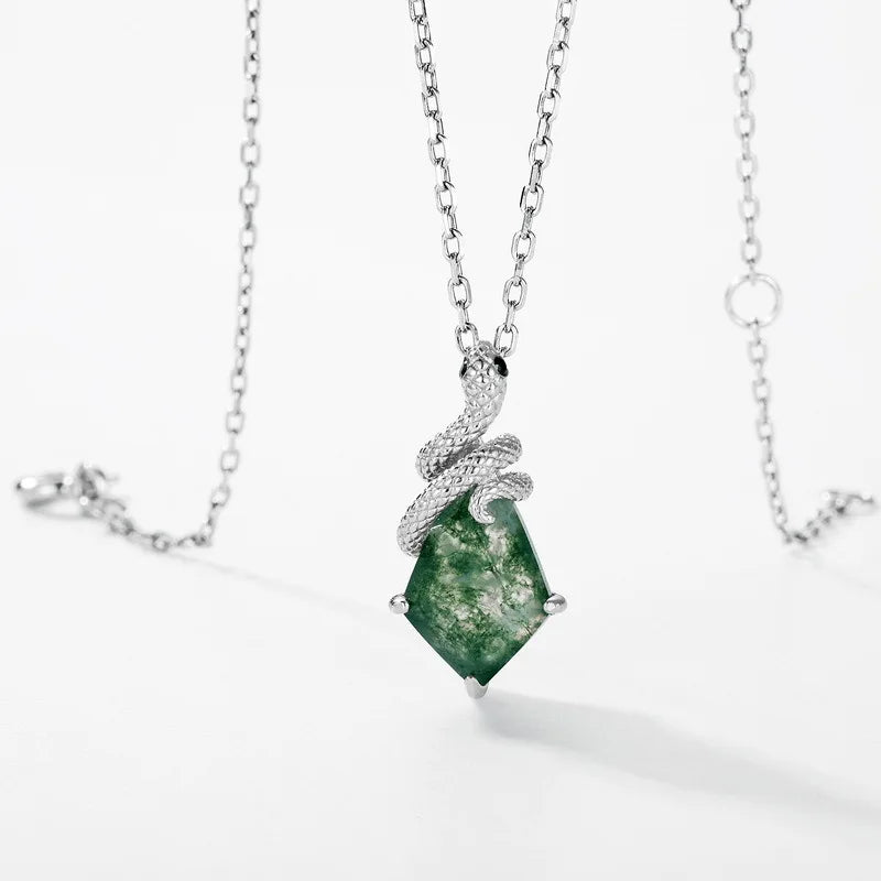 REDheart Exclusive Spirit Snake Natural Green Moss Stone Pendant S925 Silver Necklace Fashion Clavicle Necklace for Women
