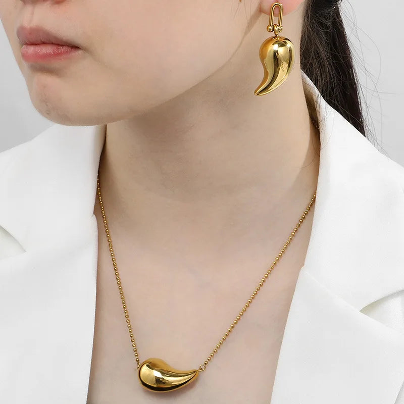 REBEL High-quality Fashion Chubby Water Drop Stainless Steel Hollow Earrings Necklace Charm Temperament Jewelry Set