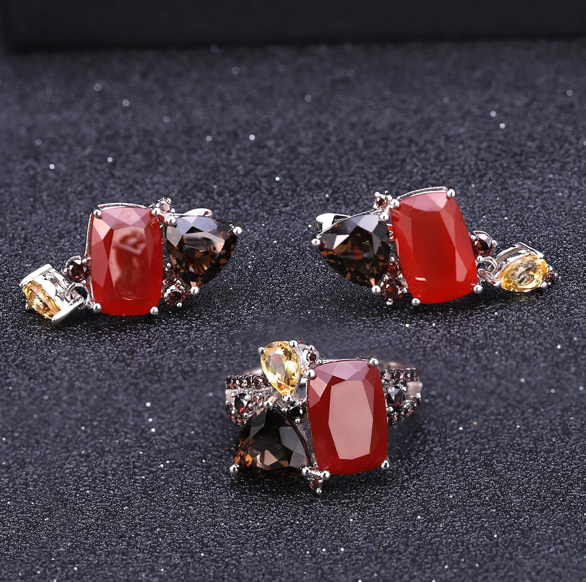 ArtistA C7644 Abiding Classic Beautiful Multiple Gemstone Natural Red Agate Smoky Quartz Citrine Cluster Setting 925 Silver Jewelry Set
