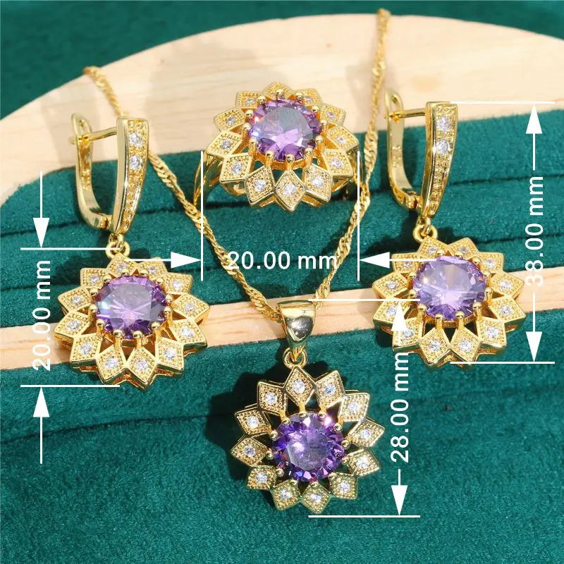 XOTICA Exquisite Purple Zircon Gold Color Jewelry Set for Women Banquet Bracelet Earrings Necklace Pendant Ring for Wedding or Party