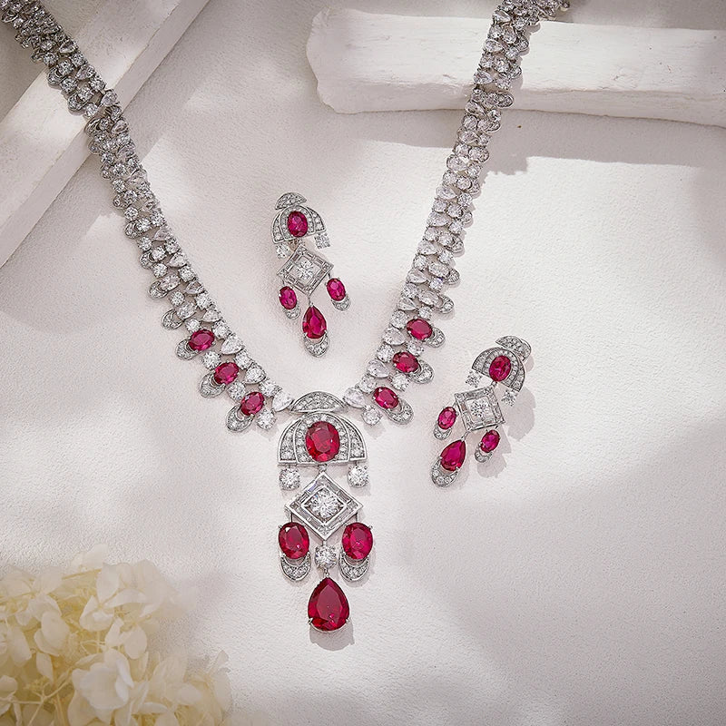 Classic High-end Brass Necklace and Earrings Featuring Zircon Retro Style Suitable for Rhodium Plating at Weddings and Parties