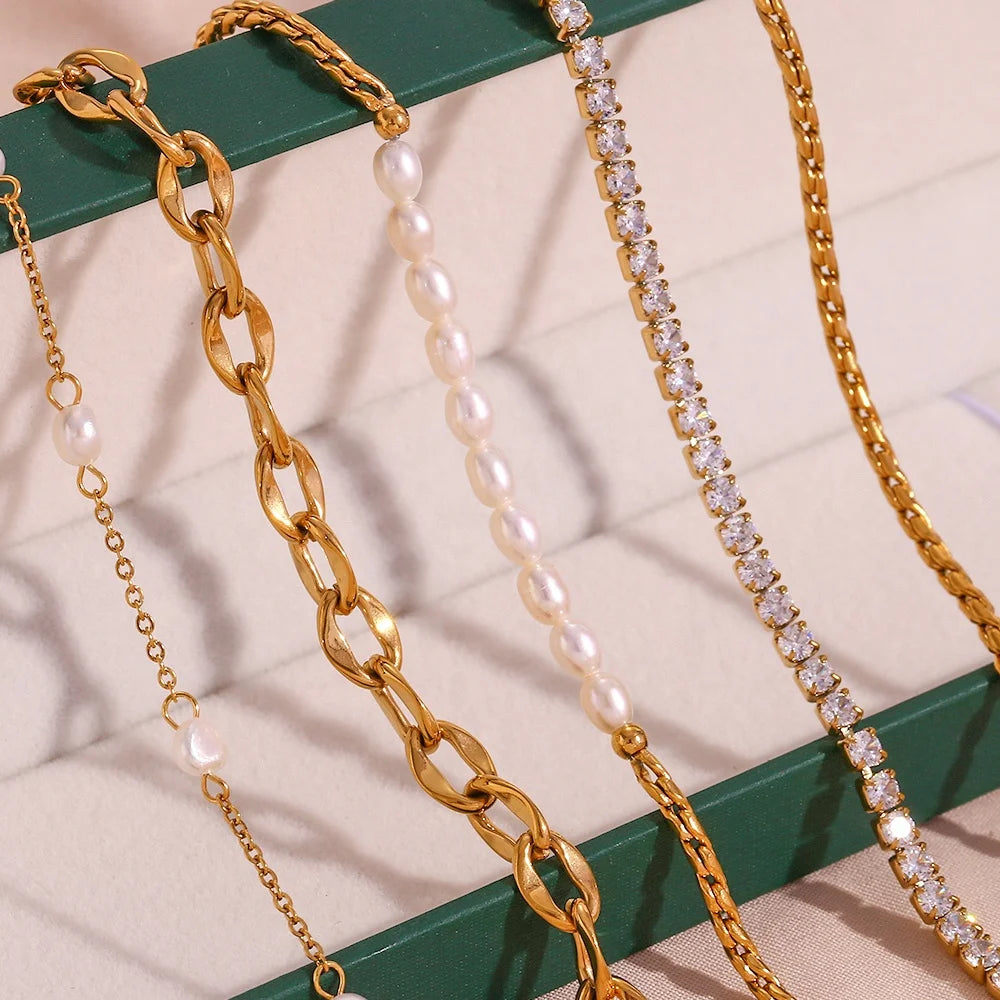 Dreamshow Jewelry Anklet Set Fresh Water Pearl 18k Gold Plated Stainless Steel Anklets for Women