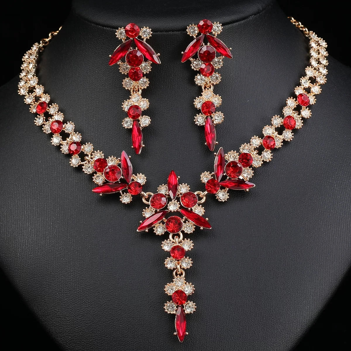XM S340 Champagne Crystal Zircon Floral Necklace & Earrings Set