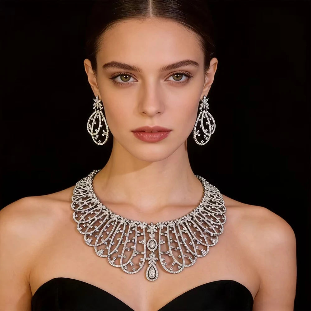 XM S32 Luxury Full Zircon Collar Necklace Earrings Set Silver Plated Women Bridal Wedding Gift Party Prom Statement Jewelry