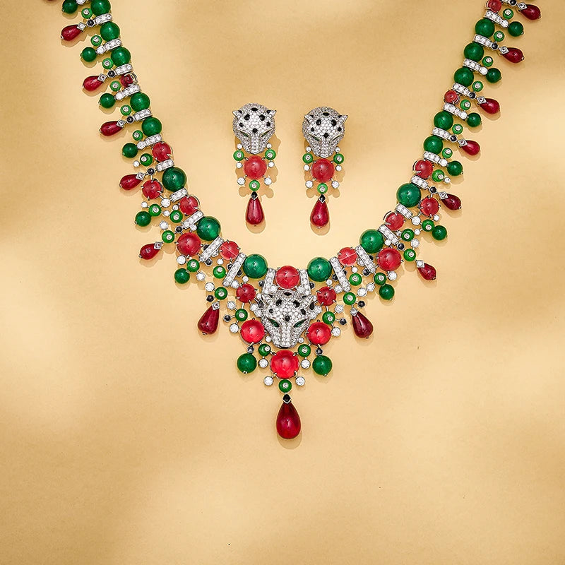 Leopard Print Enamel & Zircon Bead Necklace & Earrings Set