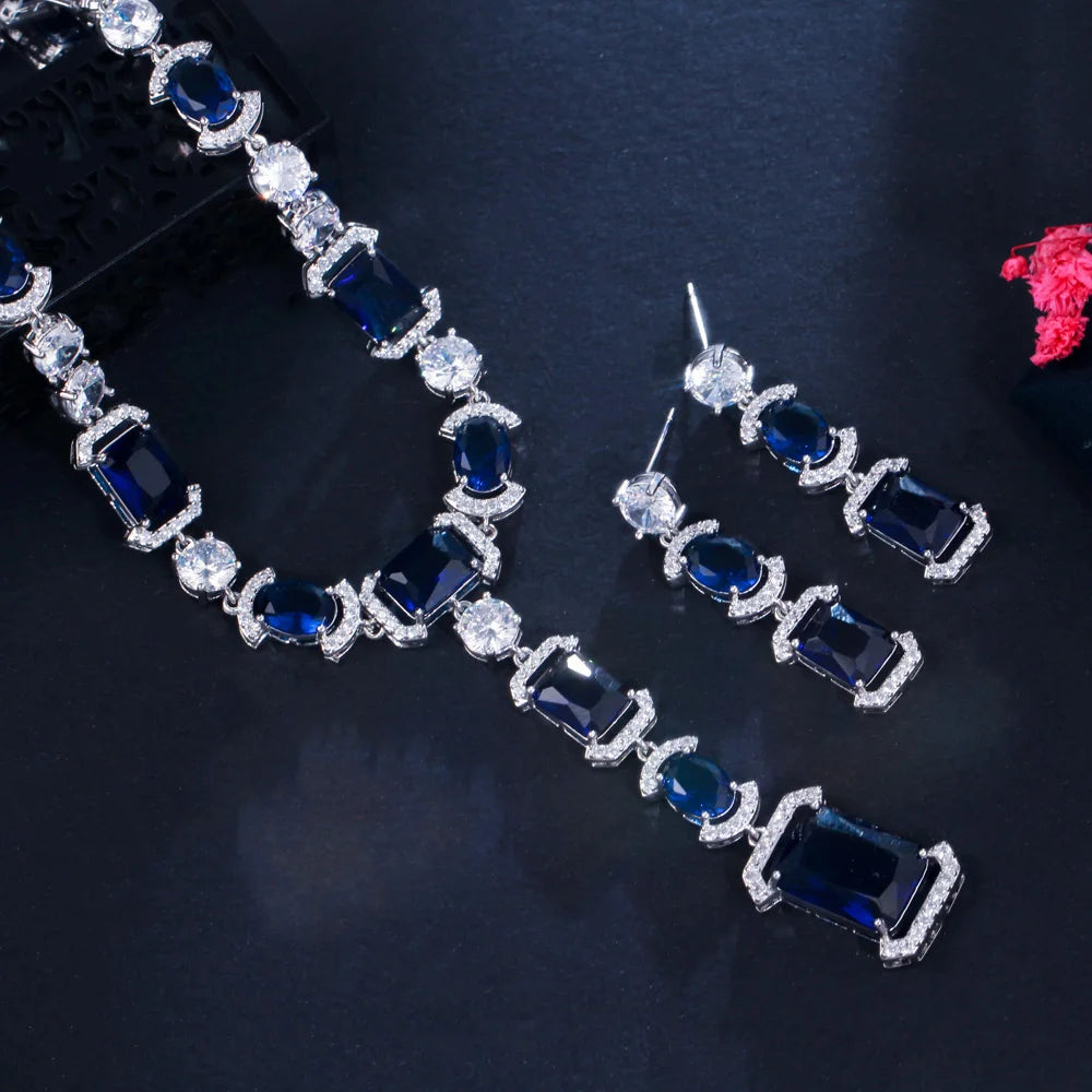 Sparkling Multi Color Cubic Zirconia Big Long Dangle Drop Party Wedding Necklace Bridal Jewelry Sets Dress Accessories