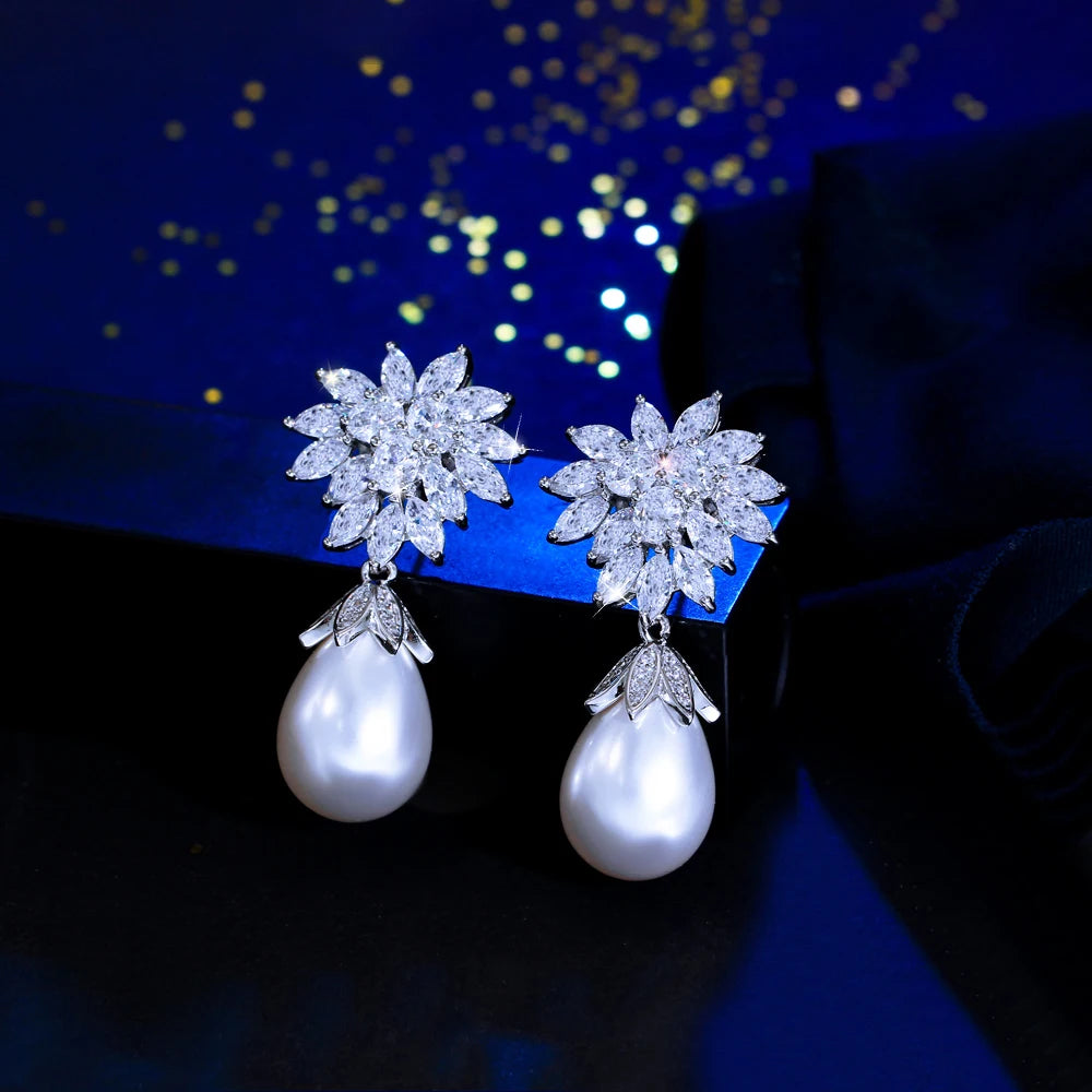 S&S White Marquise CZ Geometric Dangle Drop Earrings – Silver Plated – Collection