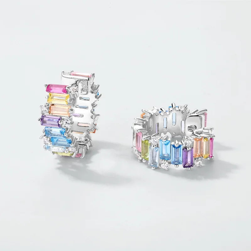 Gemfiori Irregular Geometry Color Zirconia Necklace S925 Silver Set Rainbow Zirconia Earrings Simple Fashion Set